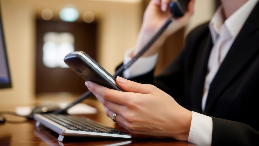 Eine Frau im Büro am Schreibtisch telefoniert und schaut auf ihr Mobiltelefon.