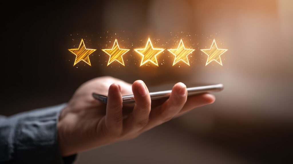 Eine Hand hält ein Smartphone. Über dem Smartphone leuchten fünf goldene Sterne.