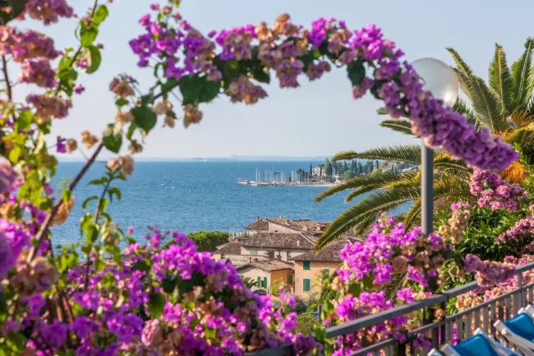 Blick durch einen Blumenstrauch auf das Meer an der Amalfiküste.