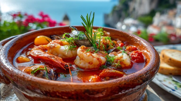 Ein Tongefäß mit gekochten Scampi und Gemüse auf einem Esstisch.
