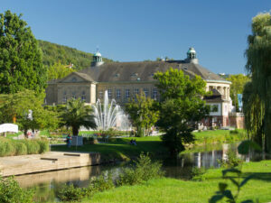Blick auf den Kurpark mit grünen Wiesen und einer Wasserfontäne.