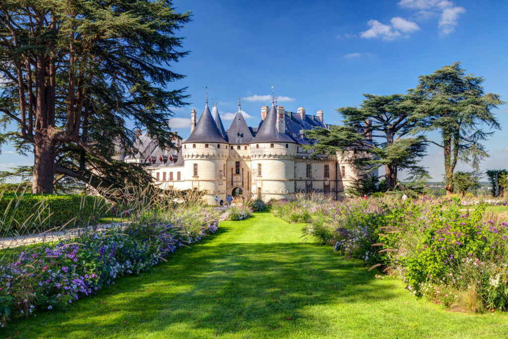 Blick auf das Chateau de Chaumont-sur-Loire in Frankreich mit Rasen und bunten Blumen im Vordergrund.